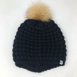 Fabletics Crochet Chunky Pom Beanie Cap Black Knit Winter Snow Hat